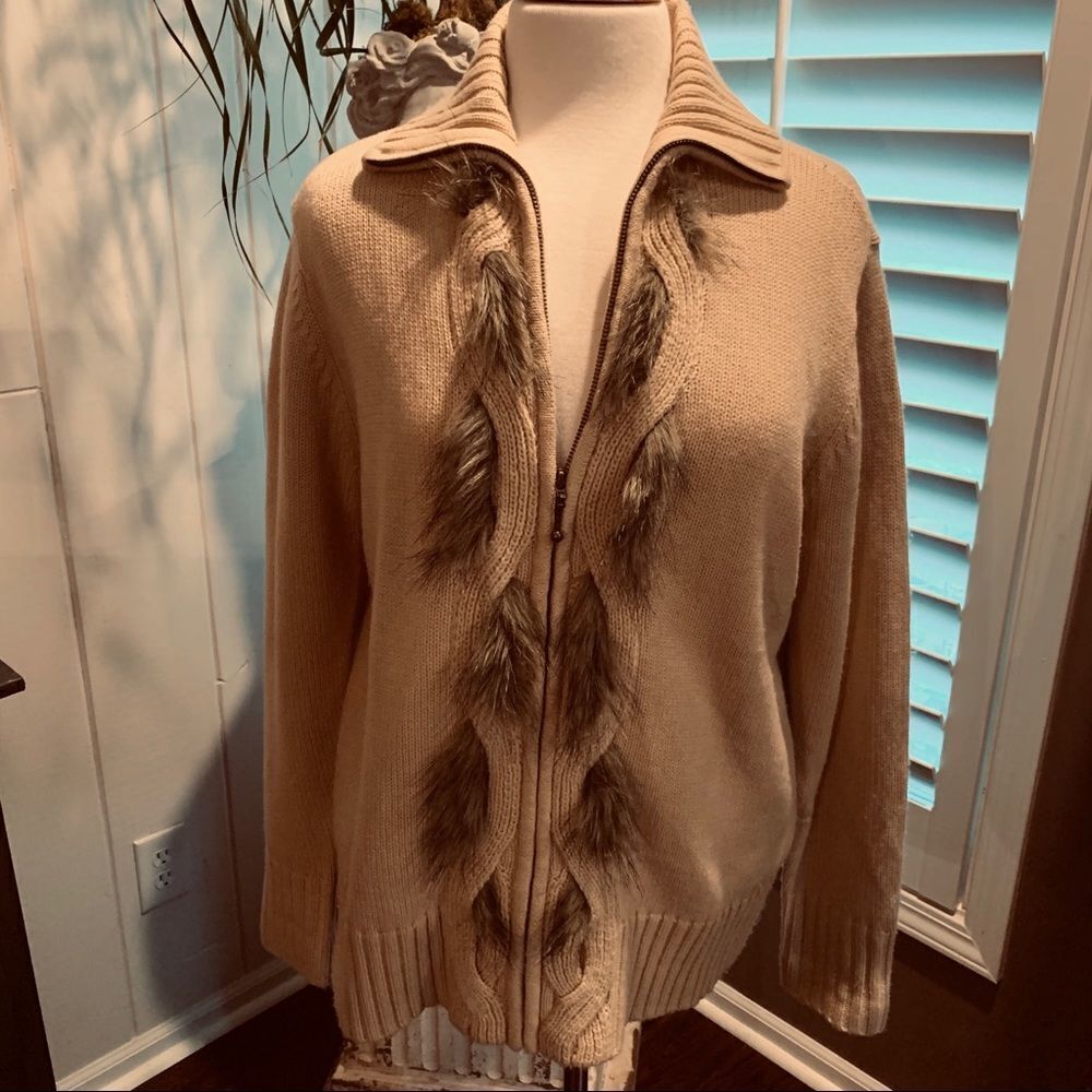 Vintage Preston & York Cardigan Sweater w/Faux Fur size M